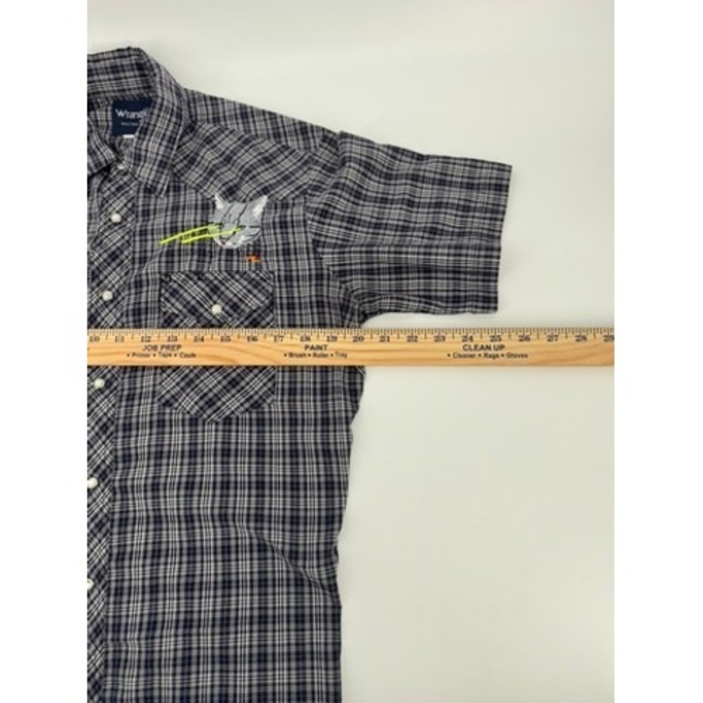 Wrangler Western Shirt Mens M Blue Plaid Laser Cat Embroidery Pearl Snap - Picture 6 of 10